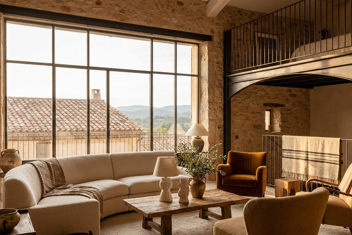 Loft de caractère avec mur de pierre apparente et grande verrière en acier dans le Sud de la France