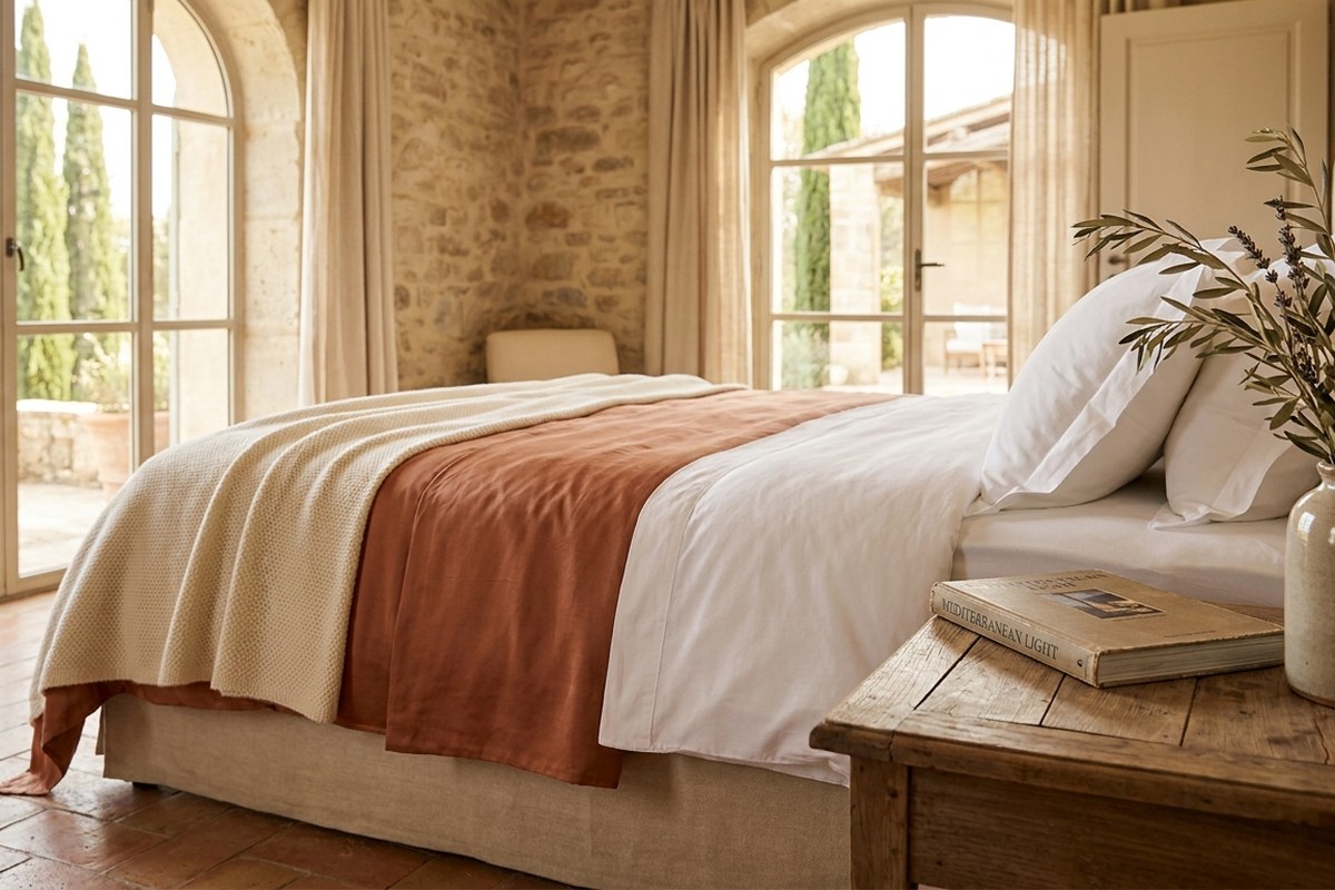 Chambre soignée d'une location courte durée avec linge blanc impeccable et petits détails d'accueil