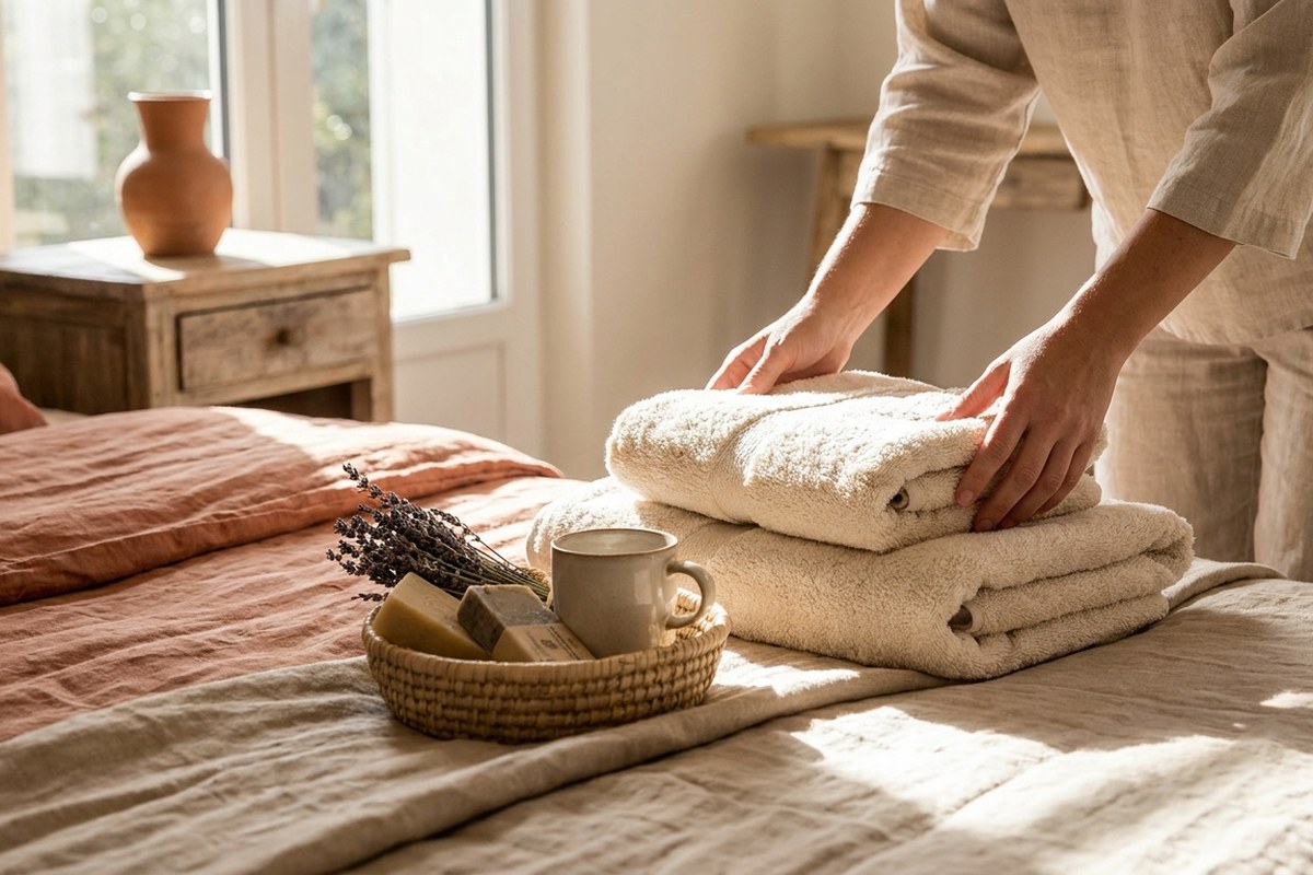Mains disposant des serviettes pliées et un panier d'accueil sur un lit soigneusement préparé