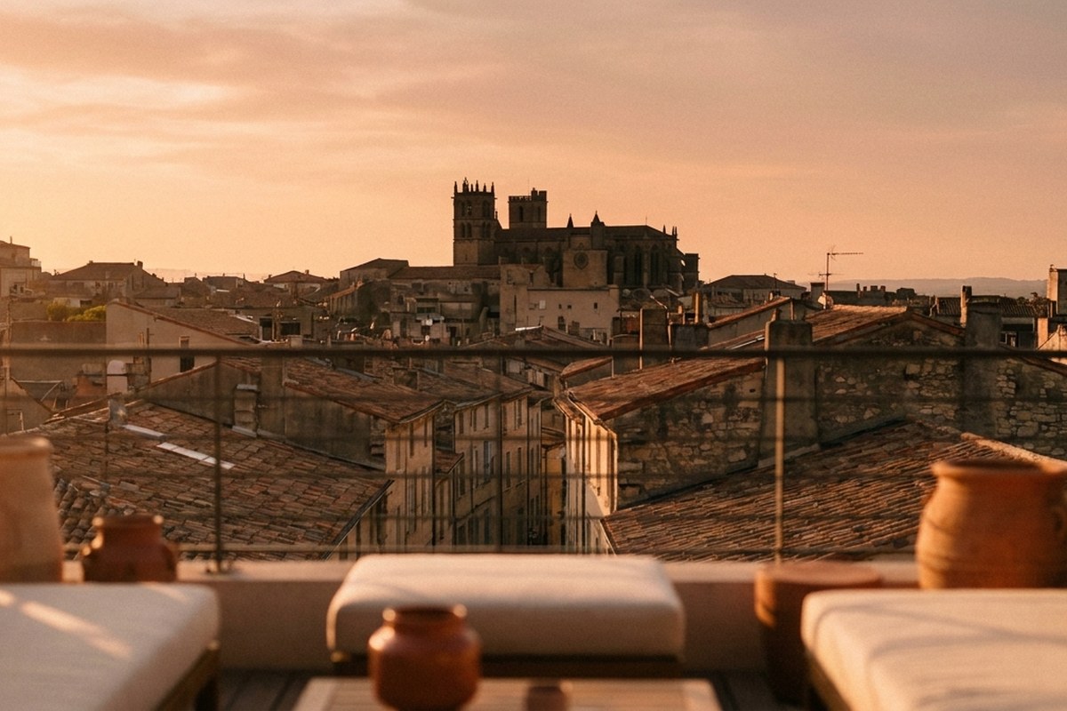 Vue dégagée sur les toits de Montpellier au lever du soleil, silhouette de la cathédrale au loin