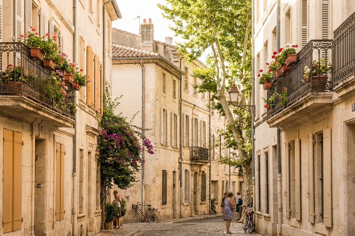 Rue résidentielle montpelliéraine aux façades de pierre claire et volets en bois, lumière du matin