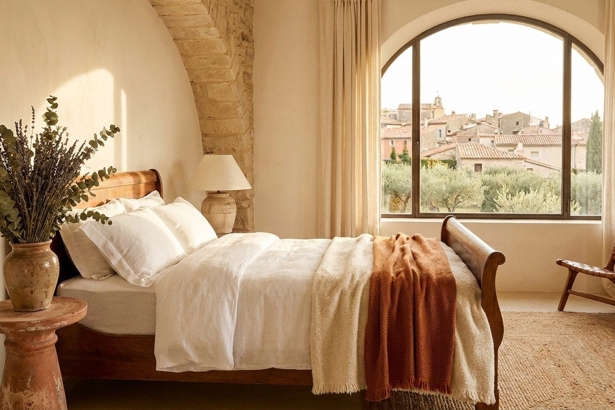 Chambre haut de gamme d'une location saisonnière méditerranéenne, linge blanc impeccable et lavande séchée