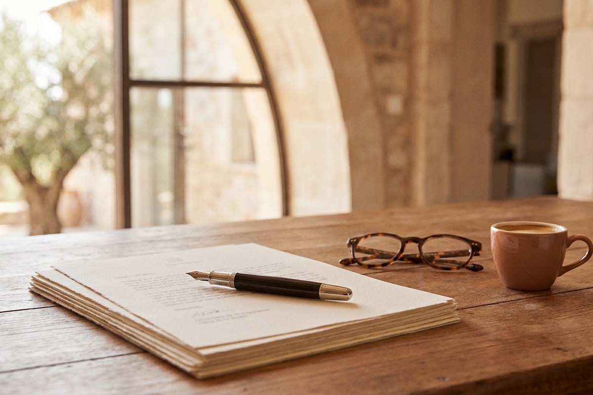 Stylo posé sur une pile de documents près de lunettes et d'un café, lumière douce de fenêtre