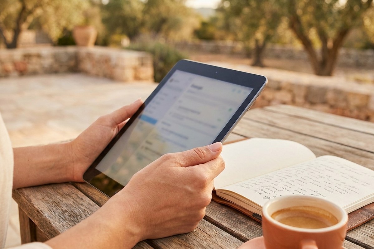 Mains tenant une tablette affichant un tableau de bord flou, à côté d'un carnet de notes et d'un café