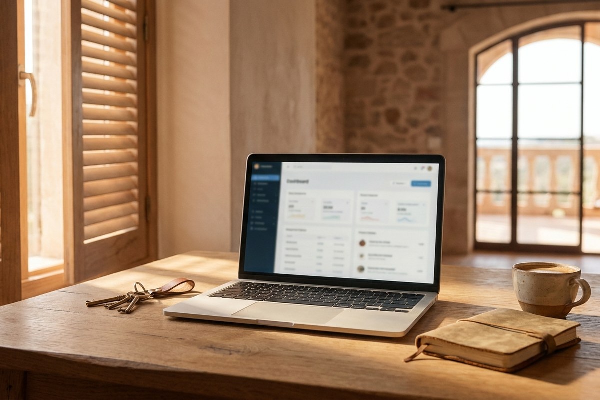 Bureau en chêne clair avec ordinateur portable ouvert, trousseau de clés, carnet et café dans la lumière du matin