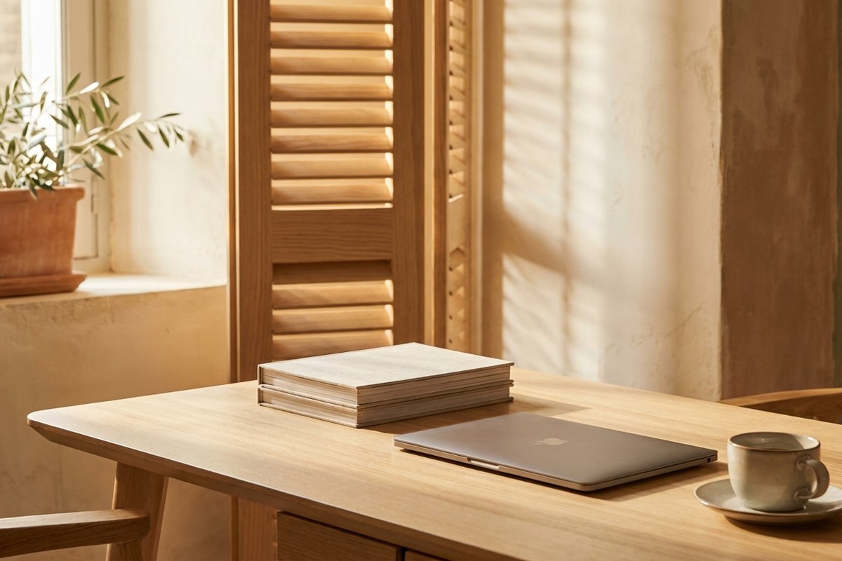 Coin bureau lumineux avec ordinateur fermé, papiers empilés et tasse de café dans un intérieur méditerranéen
