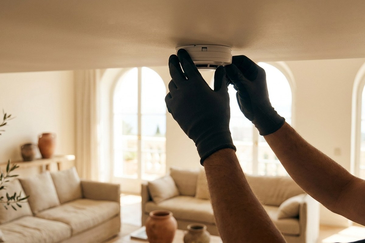 Mains vérifiant un détecteur de fumée au plafond d'un appartement lumineux