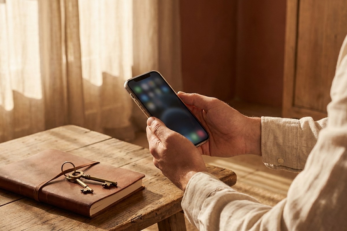 Mains tenant un smartphone dans un séjour lumineux, carnet et clés posés sur la table