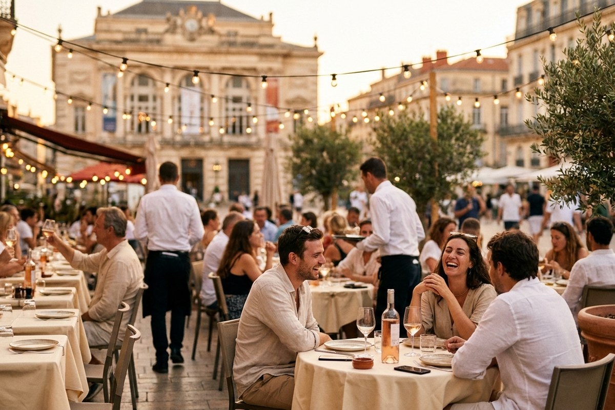 Terrasse animée place de la Comédie à Montpellier lors d'une soirée d'été