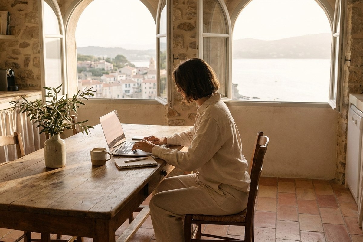 Personne travaillant calmement sur un ordinateur portable à la table d'une cuisine lumineuse le matin