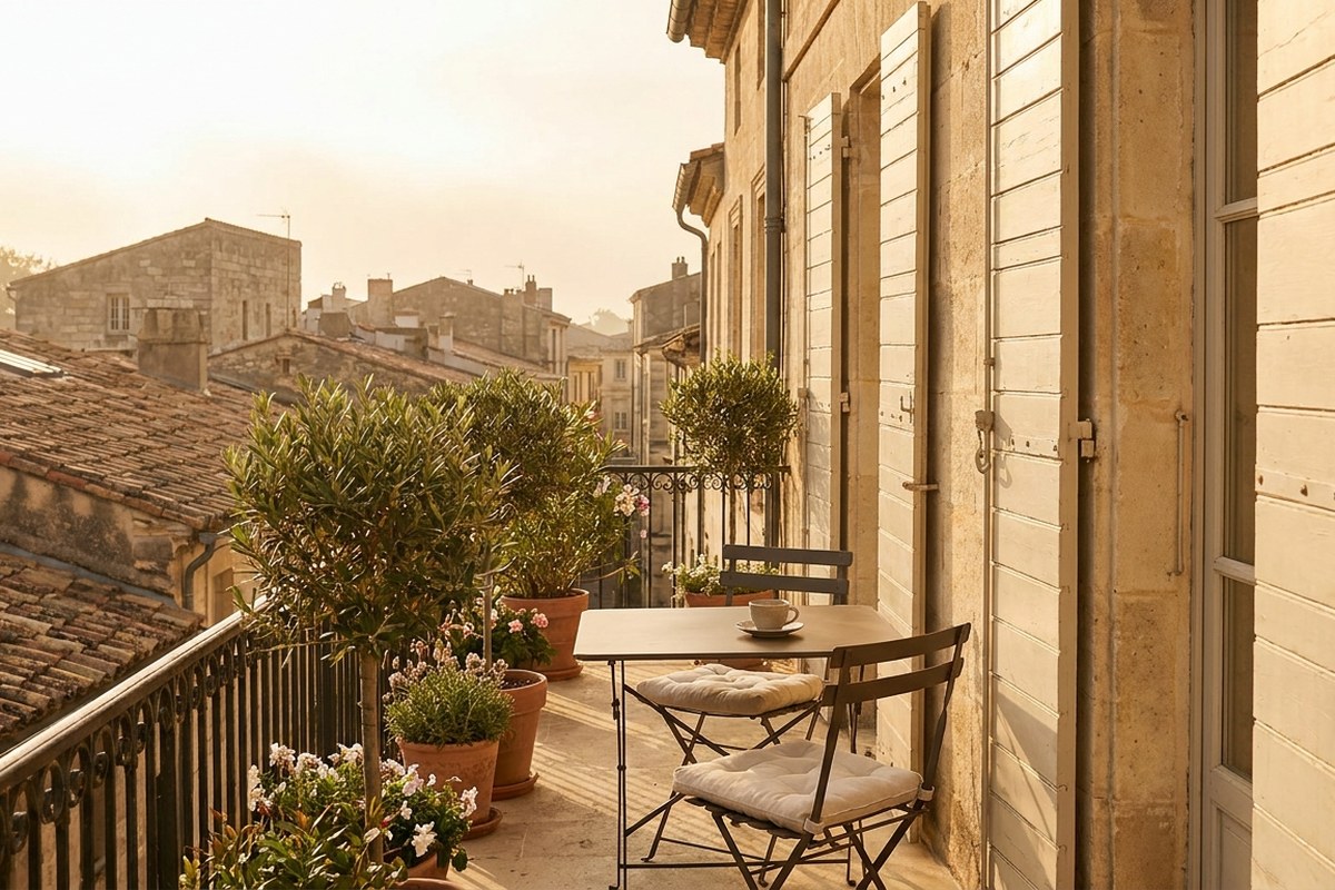 Balcon d'un appartement montpelliérain donnant sur les toits de tuiles, table bistro et café du matin