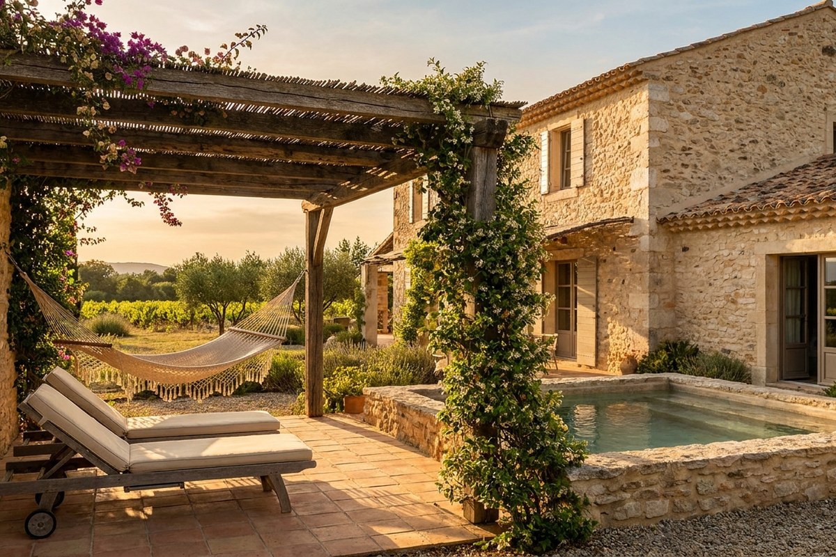 Mas en pierre avec pergola et vigne grimpante dans la campagne héraultaise, lumière de fin d'après-midi