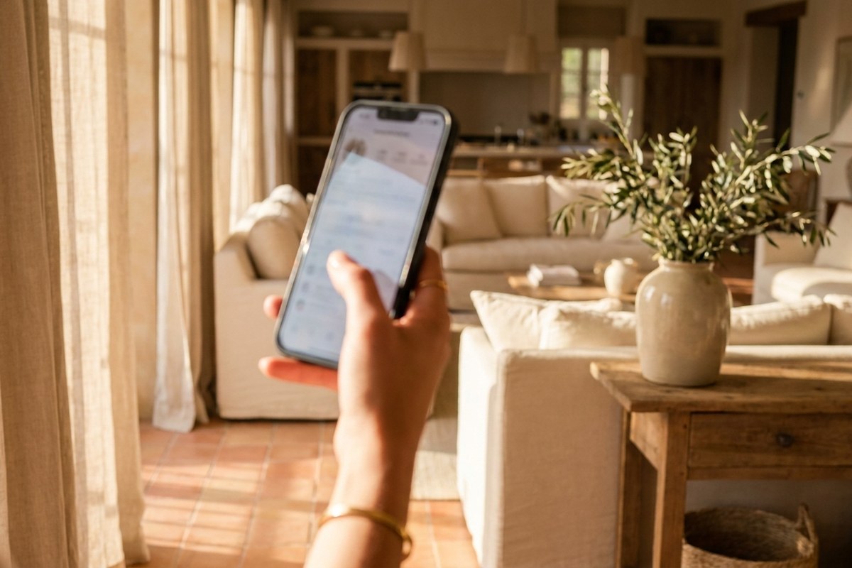 Main tenant un smartphone devant un intérieur clair et lumineux, lumière naturelle du matin