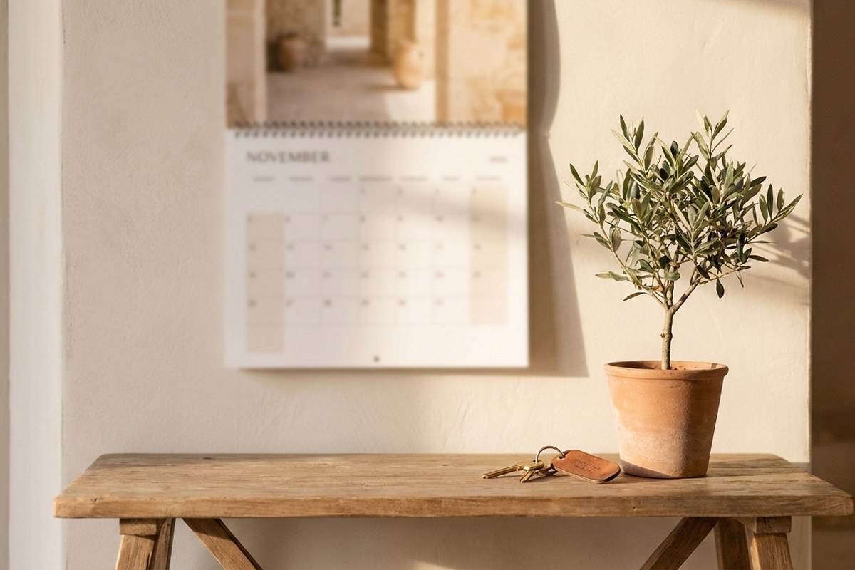 Calendrier mural sur un mur clair à côté d'un olivier en pot et d'un trousseau de clés