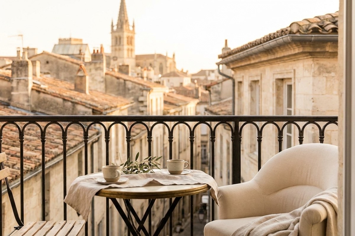 Toits de tuiles de Montpellier vus d'un balcon à l'heure dorée, petite table bistro au premier plan
