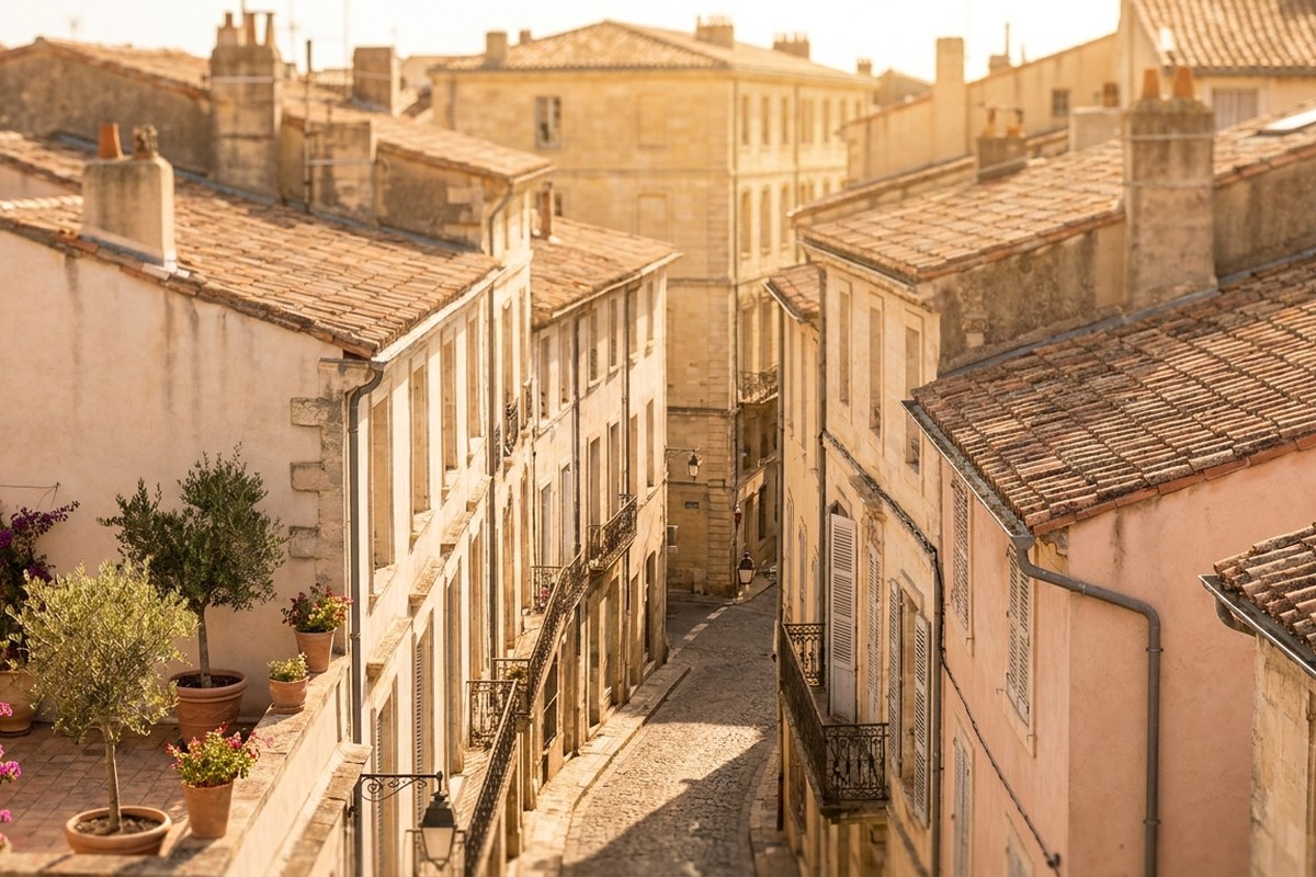 Toits de tuiles et façades claires du centre historique de Montpellier vus d'en haut à la lumière dorée