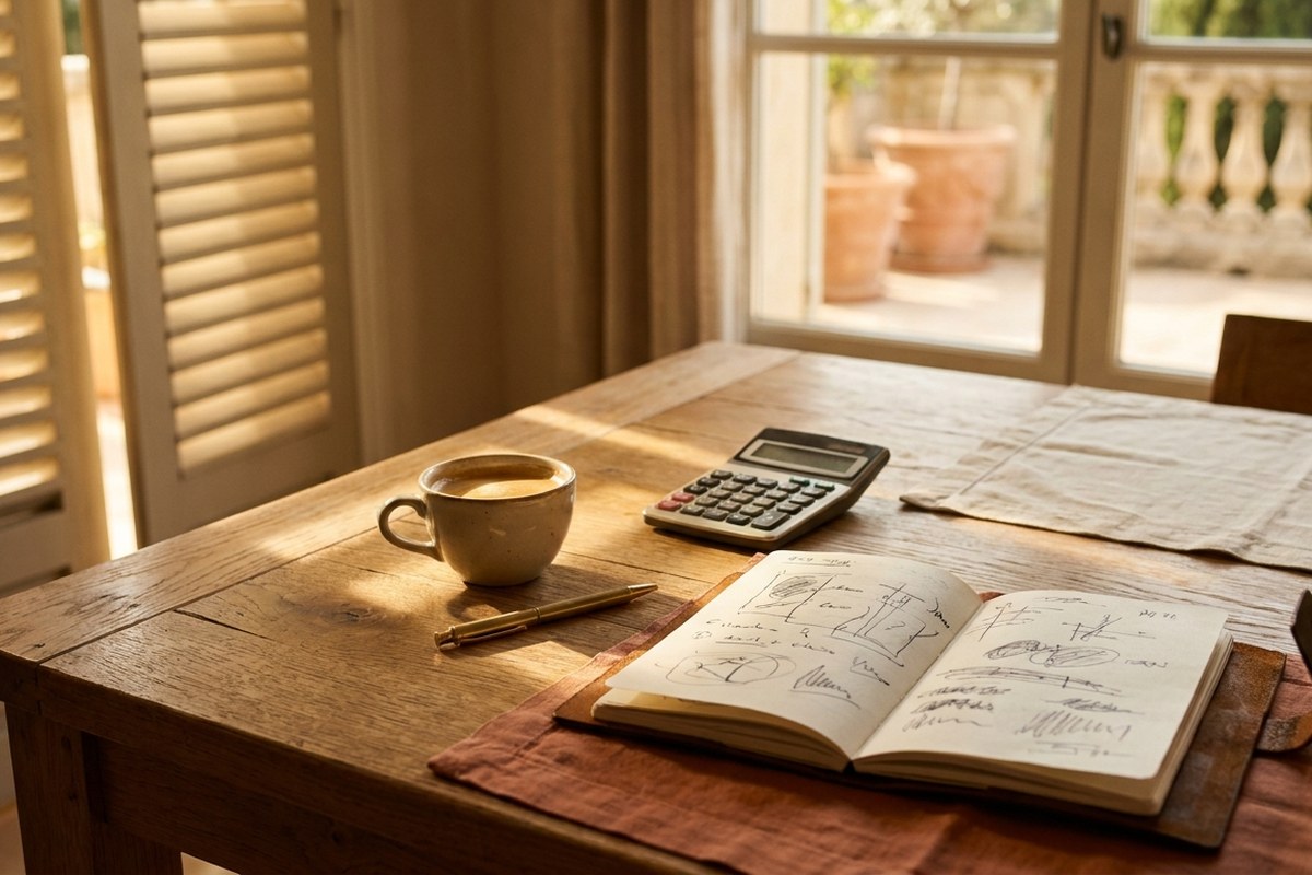 Carnet ouvert avec des calculs, stylo et espresso sur une table en chêne dans la lumière du matin