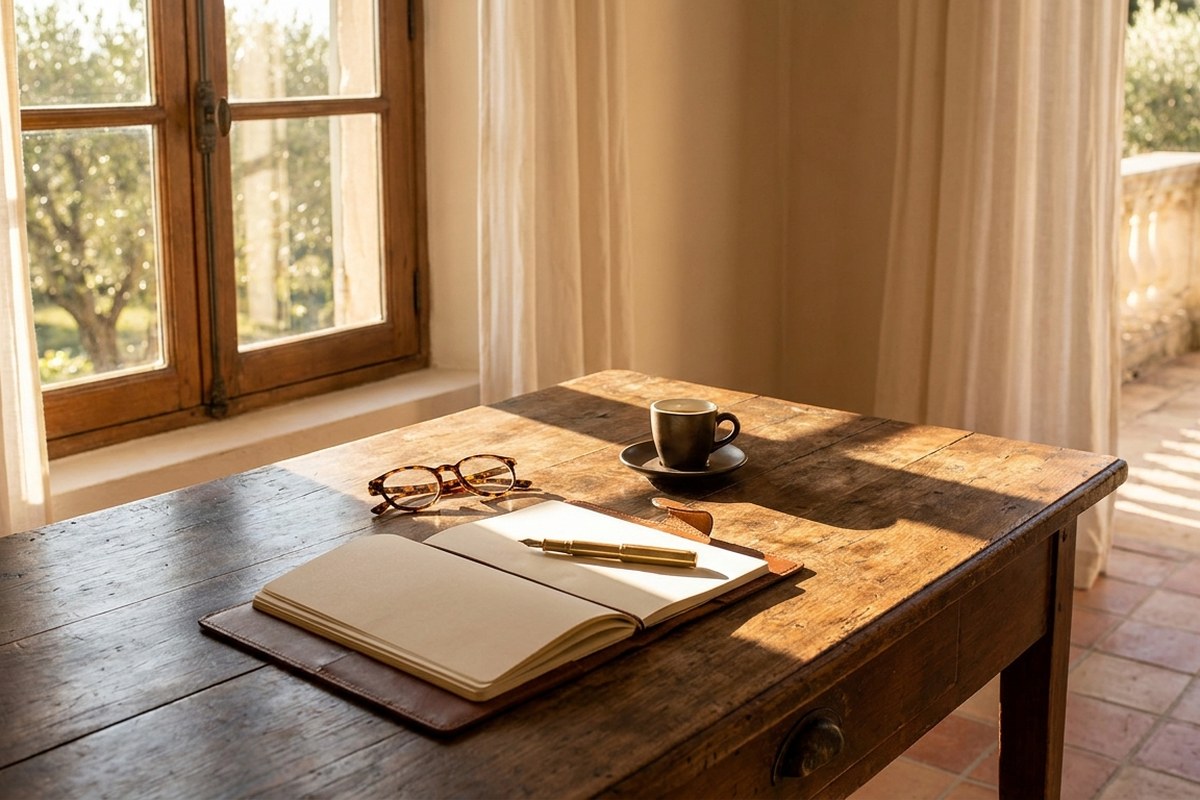 Bureau en bois clair près d'une fenêtre avec un carnet, un stylo et un café, dans la lumière de l'après-midi
