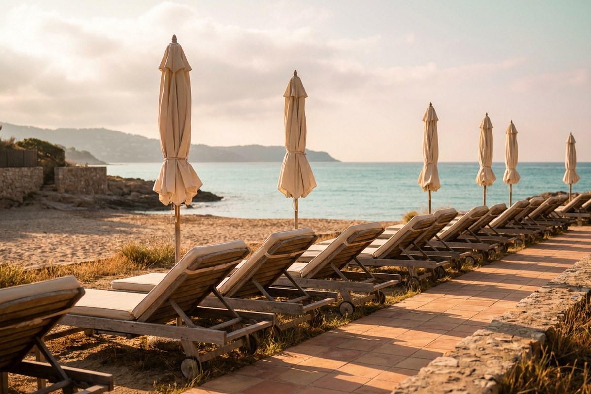 Plage méditerranéenne au tout début de saison, transats alignés dans la lumière du matin