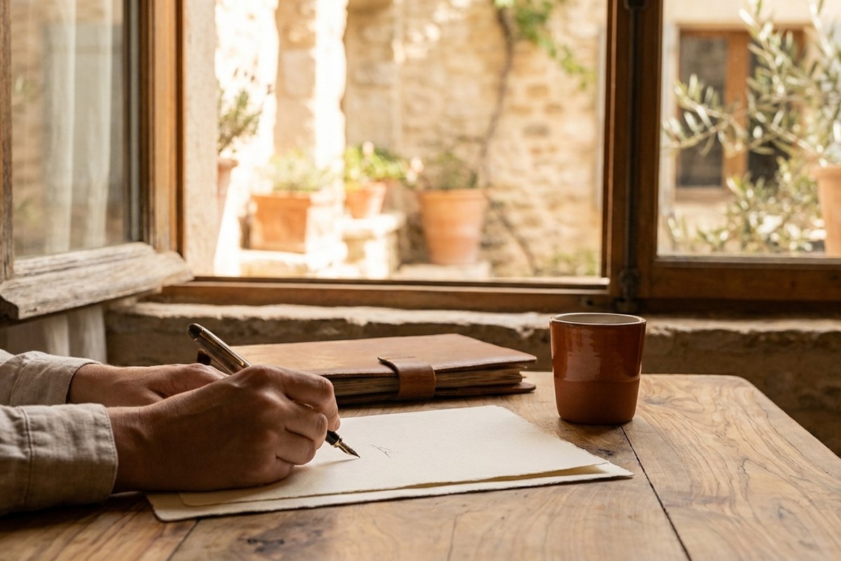 Mains signant un document sur une table en bois, une tasse de café à côté, lumière naturelle douce