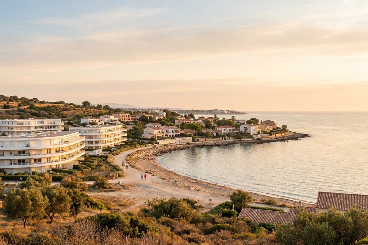 Littoral méditerranéen près de La Grande-Motte au lever du soleil, mer calme et architecture blanche